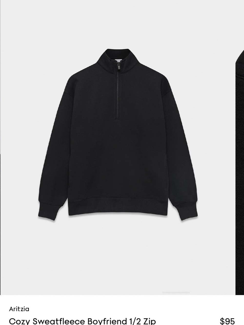 Aritzia Black Cozy Sweatfleece Boyfriend Half-Zip Sweater